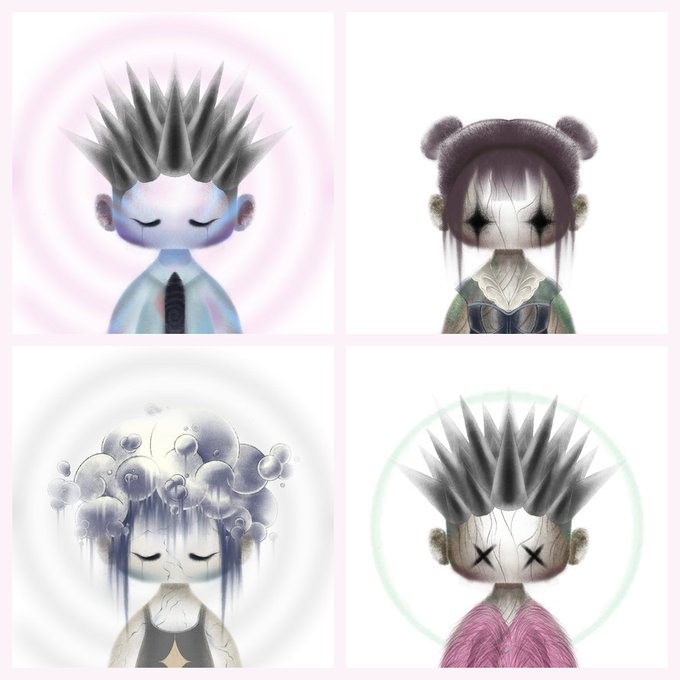 A 2x2 grid of stylized digital artwork portraits depicting eerie characters, including figures with spiked gray hair, one with bear-ear buns, and another with a mushroom-like cluster for hair.
