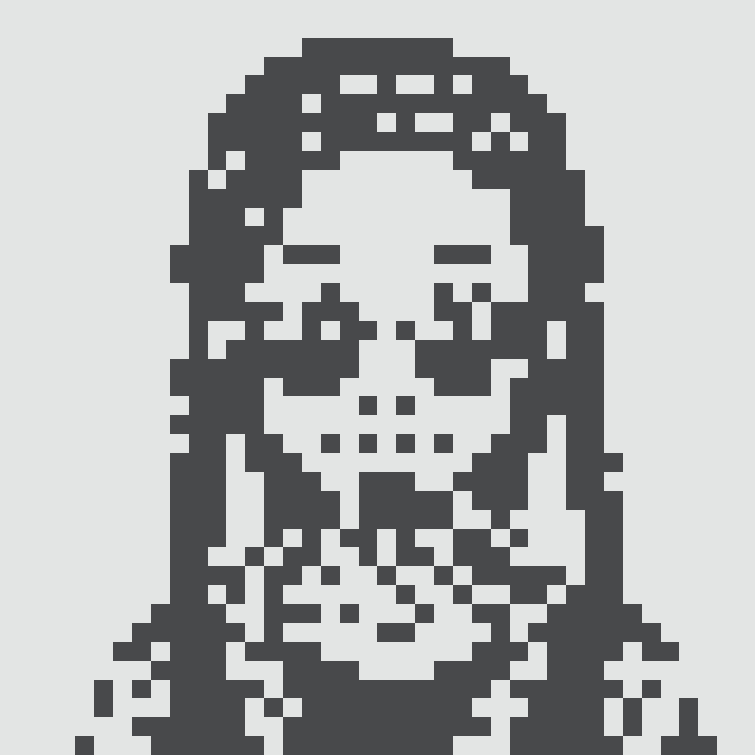 A pixel art portrait of a woman's face rendered in dark navy blue and white tones on a transparent background.