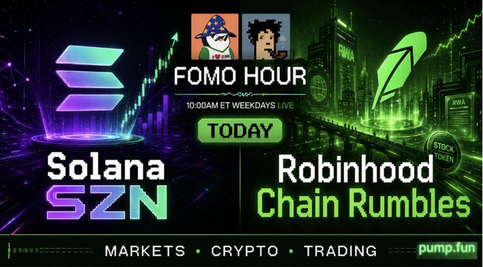 A promotional graphic for "FOMO HOUR" airing live at 10:00 AM ET on weekdays, hosted by two pixel-art figures (one in a wizard hat and one smoking), highlighting today's topics "Solana SZN" with the Solana logo and "Robinhood Chain Rumbles," alongside tags for Markets, Crypto, and Trading in partnership with pump.fun, matching the post's announcement of the live show.