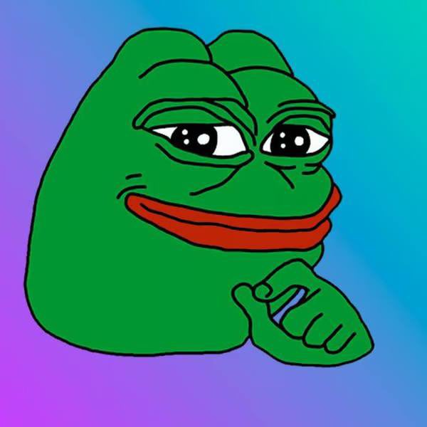 A cartoon illustration of Pepe the Frog smiling and giving a thumbs-up gesture against a gradient blue and purple backdrop.