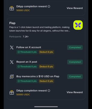 DApp completion reward screen showing 50,000 USDC reward and Flap tasks including 'Follow an X account', 'Repost an X post', and 'Buy memecoins ≥ $10 USD on Flap' all marked as Completed, with 7.2K+ participants.