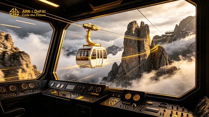 A futuristic cable car cockpit view overlooking misty mountain peaks, with the text "ARK-I DeFAI Code the Future" displayed in the upper left, visually reinforcing the post's theme of embarking on an elevated AI-powered journey through the Arkie AI platform.
