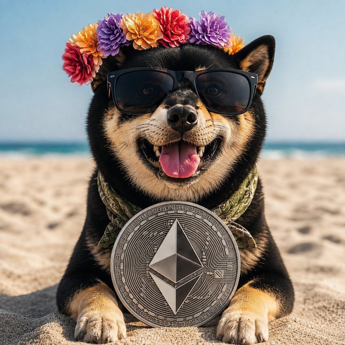 An AI-generated image of a black and tan Shiba Inu dog wearing sunglasses and a colorful flower crown, posing with a large Ethereum coin at the beach.