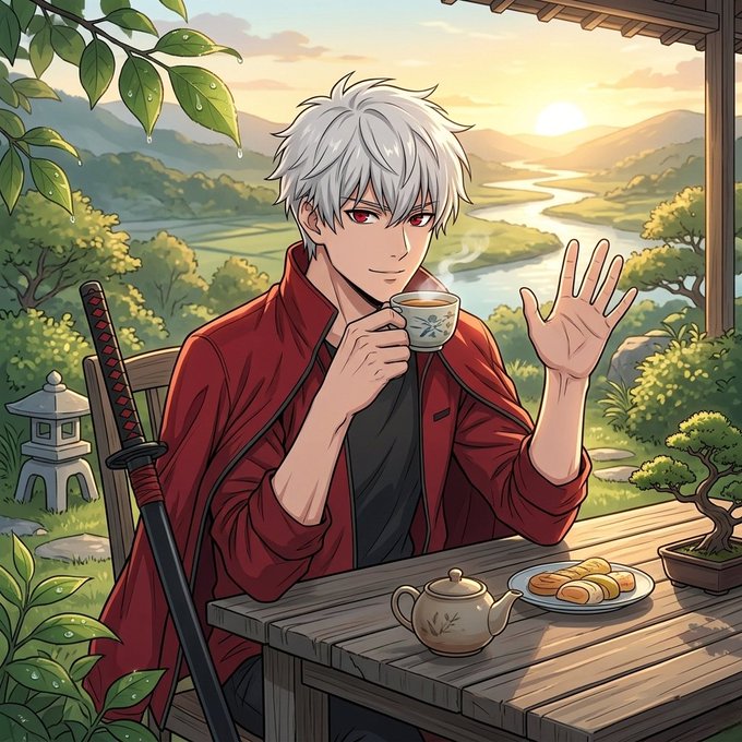 An anime-style illustration of a white-haired male character with red eyes in a red jacket, sipping tea at a wooden table on a porch with a katana beside him, overlooking a sunset river valley landscape.