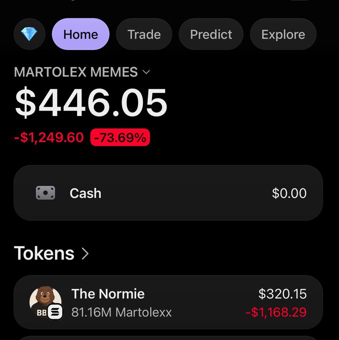 A portfolio screenshot showing a -73.69% loss of $1,249.60 on the "MARTOLEX MEMES" account, with 81.16M Martolexx tokens (The Normie) currently valued at $320.15. The image highlights the painful losses as the poster promotes the token's CA (contract address) to encourage others to buy in and recover the value.