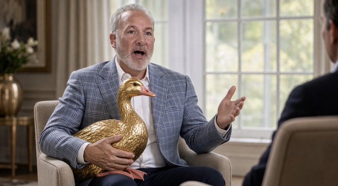 A man in a gray plaid suit sits in a chair holding a large golden swan statue while talking to someone off-camera.