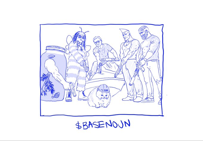 A hand-drawn blue sketch titled '$BASENOUN' depicting a group of muscular men holding guns alongside a cat wearing a hat.