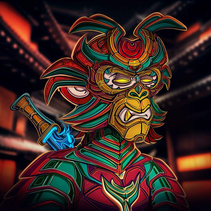 A vibrant digital illustration of an Aztec or Mayan-style warrior character wearing an elaborate red, green, and gold feathered headdress and mask, holding a sword with a glowing blue hilt.