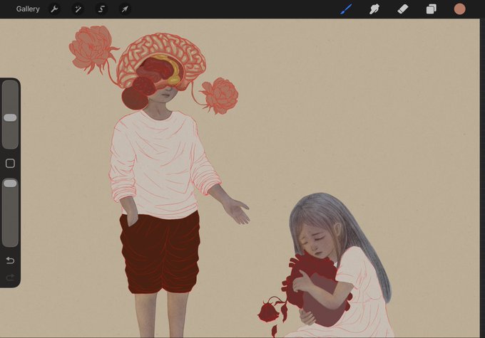 A digital painting in progress on a tablet interface showing a figure with an exposed brain head and red flowers, alongside a child-like figure holding a red heart-shaped flower.