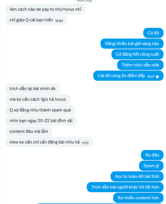A Vietnamese Messenger conversation in which one user asks how to achieve "horus"-level pay while another advises that "view doesn't matter—posting matters, just share more content, no excuses, no spam, post 40 times a day, quote better posts, and create more content," illustrating the practical mindset and posting strategies emphasized in the caption about learning from others' experience on 𝕏.
