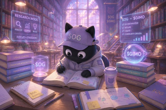 An illustrated black cat character wearing a purple cap and hoodie with "$OG" and "$GIMO" branding sits at a desk studying in a library, surrounded by holographic screens displaying "RESEARCH MODE", "FOCUS + FREEDOM", and blockchain-related topics like "LIQUID STAKING", "DEFI PROTOCOLS", "VALIDATOR DESIGN", and "NETWORK SECURITY".