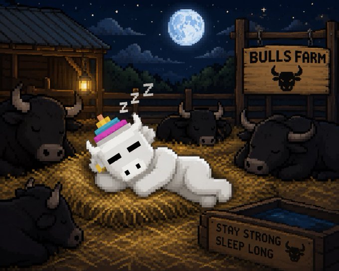A pixel art image shows a unicorn character sleeping on hay in a barnyard at night under a full moon, surrounded by black bulls and signs reading 'BULLS FARM' and 'STAY STRONG SLEEP LONG'.