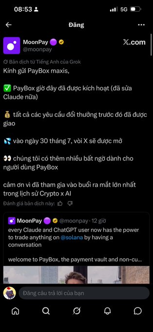 A screenshot of the X (Twitter) app showing a post by MoonPay (@moonpay) written in Vietnamese, discussing PayBox features for trading with AI on Solana.