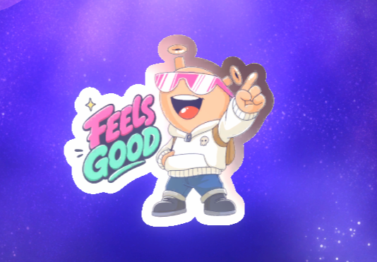 Cartoon sticker of a character wearing pink sunglasses and a white hoodie with text 'FEELS GOOD' on a sparkly purple background.