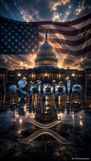 The image depicts a dramatic scene featuring the U.S. Capitol building with a massive American flag draped across the sky above it, with the text "& ripple" and an "X" logo prominently displayed in the foreground on a wet, reflective surface, symbolizing Ripple's ongoing push for the CLARITY Act to establish regulatory clarity for the cryptocurrency industry.