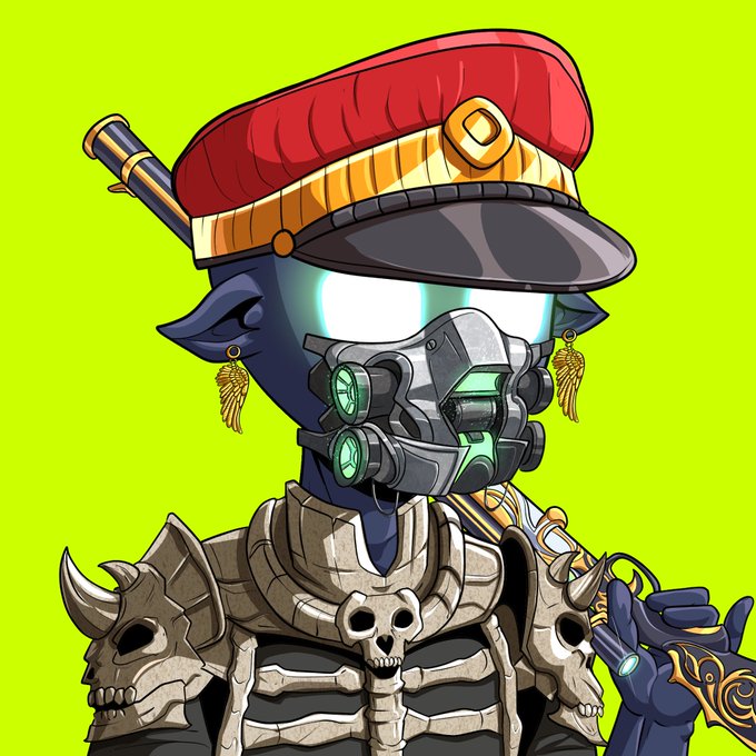 A stylized digital illustration features a blue-skinned character in military-style attire, including a red officer's cap, skeletal armor with skulls, and a mechanical face mask with glowing green accents, set against a bright green background. The post's comment "this looks clean" likely refers to the polished, crisp linework and vibrant color palette of the character artwork.