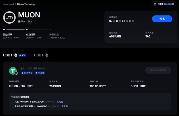 The image displays a MEXC Launchpad page for Micron Technology (MUON), showing a token sale offering 40 MUON with a countdown timer of 7 days, 16 hours, and 32 minutes remaining, where participants can subscribe at 567 USDT per MUON. The interface highlights the subscription requirements of 100 USDT deposit plus 1,000 USDT futures trading volume for new users (40% off), aligning with the post promoting this cryptocurrency launchpad opportunity before the July 31st deadline.