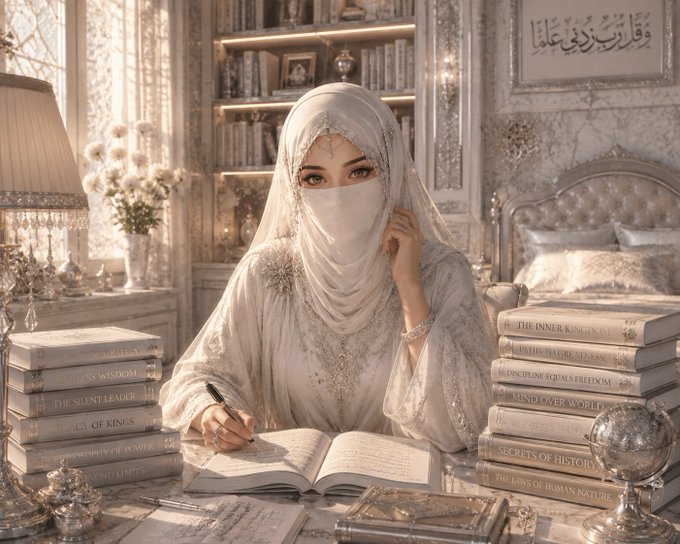 A woman in elegant white attire and a face veil writes in a journal at a desk surrounded by stacks of books with visible titles like "The Inner Kingdom," "Mind Over World," "The Silent Leader," "Discipline Equals Freedom," and "Secrets of History," with Arabic calligraphy framed on the wall behind her. The image visually represents the post's ambitious study-heavy to-do list, evoking a serene, scholarly atmosphere that contrasts with the demanding "hard grind" routine of writing, coding, chess, math, and Bible studies.