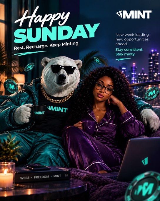 A promotional graphic reading 'Happy SUNDAY Rest. Recharge. Keep Minting.' featuring a polar bear in sunglasses and a woman in pajamas, branded with the MINT logo.
