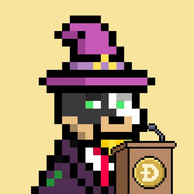 A pixel art dog character wearing a purple wizard hat stands at a podium featuring a gold coin with the letter "D," symbolizing Dogecoin. The image ties into the "Dogs in Politics" theme of Wizzy Wednesday, blending cryptocurrency culture with a magical, wizard-themed canine mascot.