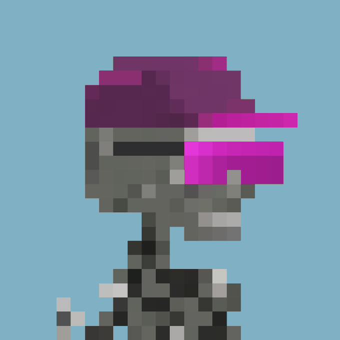 A pixel art illustration of a character wearing a dark helmet with magenta/pink visor elements, set against a solid light blue background.
