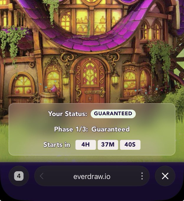 A screenshot from the game 'everdraw.io' showing a whimsical fantasy building with glowing windows, overlaid with a status panel reading 'Your Status: GUARANTEED', 'Phase 1/3: Guaranteed', and a countdown timer starting in '4H 37M 40S'.