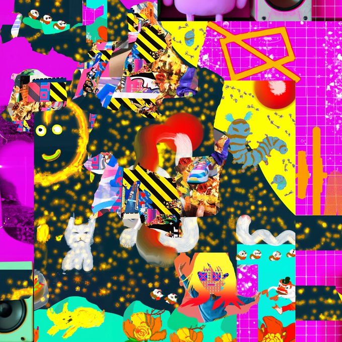 A chaotic, colorful digital collage with a yellow smiley face, a cat, hazard stripes, flowers, and various abstract patterns on a pink grid background.