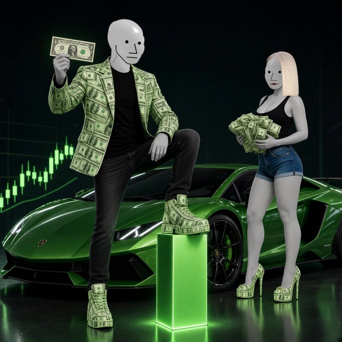 Digital artwork of two white mannequin-like figures posed in front of a green Lamborghini; the male figure wears a money-pattern blazer and holds a dollar bill, while the female figure wears denim shorts and clutches cash bundles, all with money-pattern shoes.