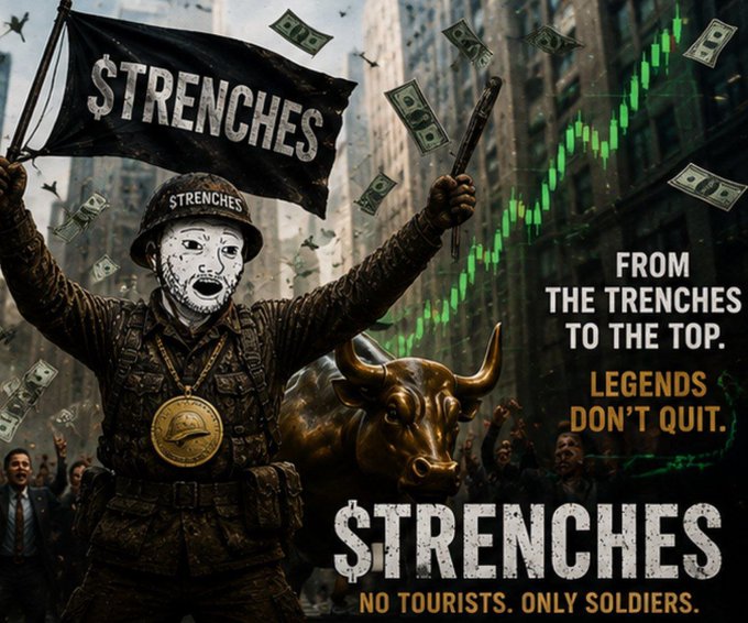 A soldier wearing a mask and helmet waves a flag and pistol in front of a bull statue and rising chart, with text reading '$TRENCHES', 'FROM THE TRENCHES TO THE TOP.', 'LEGENDS DON'T QUIT.', and 'NO TOURISTS. ONLY SOLDIERS.'