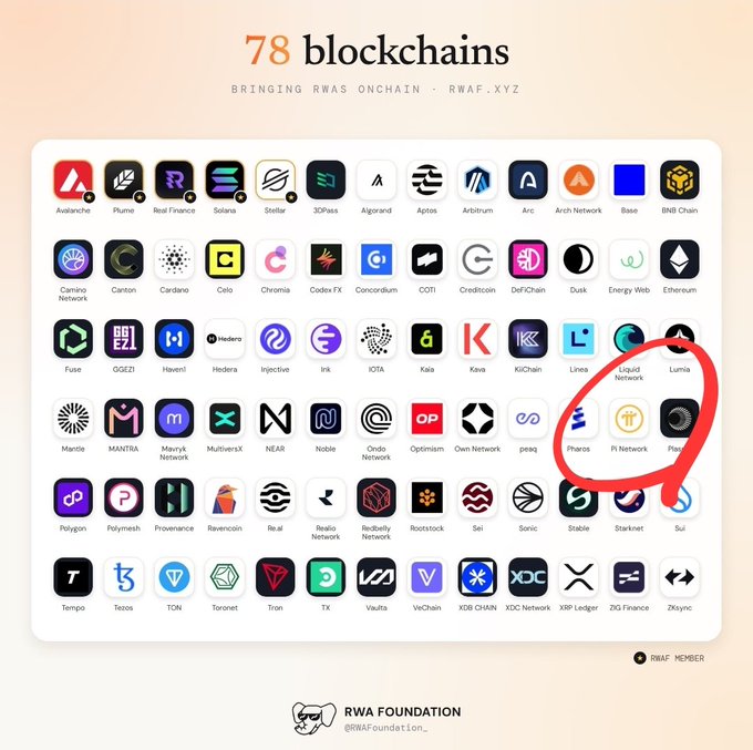 The image displays the RWA Foundation's "78 blockchains" list, with a red circle highlighting Pi Network's logo among the 78 chains, though notably without the star (★) marking that distinguishes chains like Avalanche, Solana, and Stellar. The caption should note this visual contrast indicating Pi Network's different status within the list.