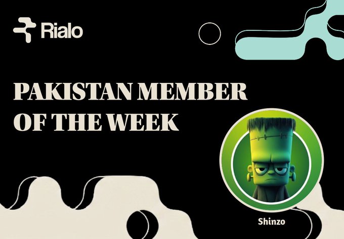 A graphic for 'Rialo' announcing 'Pakistan Member of the Week', featuring a green 3D character named 'Shinzo' alongside abstract blue and black fluid designs.