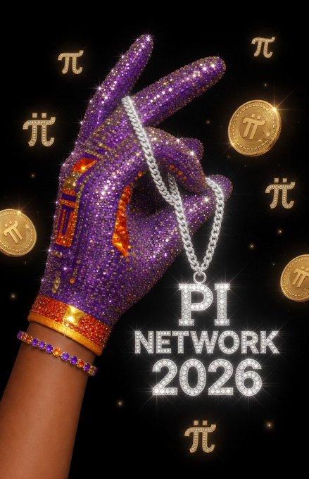 The image features a hand wearing a purple glove with gold sequins holding up a chain necklace that has a "PI" charm attached to it. The background of the image is black, but there are gold coins scattered around the scene. The caption at the bottom of the image reads: "My favorite crypto mining project is Pi Network, and which project is your favorite?".