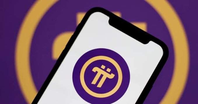 A smartphone displaying the purple and gold Pi Network cryptocurrency logo on its screen, set against a blurred purple background featuring the same Pi logo.