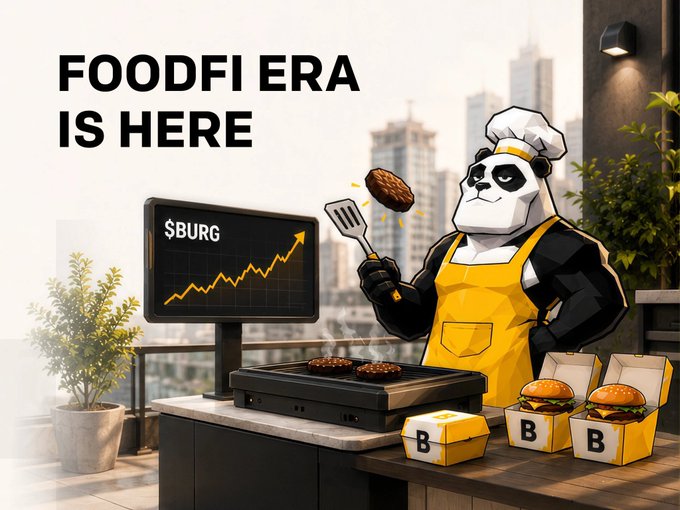 A promotional graphic reading "FOODFI ERA IS HERE" featuring a cartoon panda wearing a chef's hat and yellow apron grilling burgers, with a chart displaying "$BURG" trending upward and boxes labeled "B."