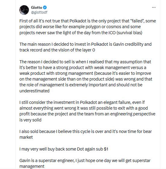 The image is a screenshot from a Twitter account where an article or post is about investing in the Polkadot cryptocurrency. It includes a description of the Polkadot's treasure scammer Giotto predicting that the value of Polkadot will increase by 1 year, which has recently happened, and the amount invested as $1. The image also provides a link to the article, where you can read the details about the investment in this specific cryptocurrency.