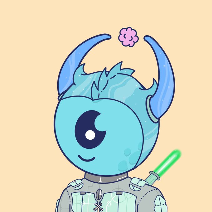 A cartoon illustration of a blue, one-eyed alien character with horns, wearing a space suit and holding a glowing green lightsaber.