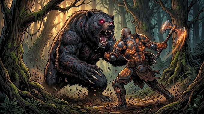 Fantasy artwork depicting an armored warrior wielding a glowing axe facing off against a massive, roaring black bear in a forest setting.