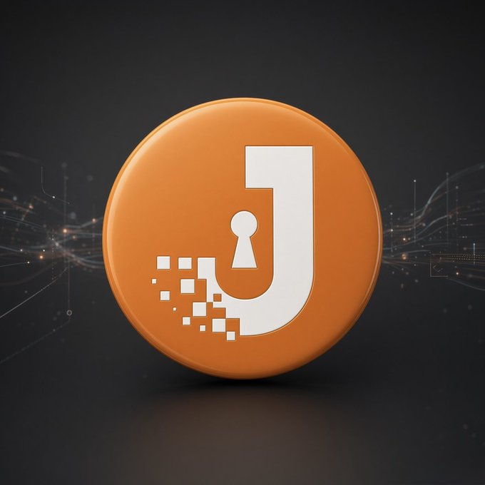 A 3D-rendered orange coin featuring a white stylized 'J' logo with a keyhole design against a dark background with glowing network lines.