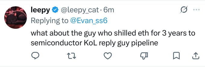 A tweet from verified user "leepy" (@leepy_cat) replying to @Evan_ss6 asks: "what about the guy who shilled eth for 3 years to semiconductor KoL reply guy pipeline." The snarky tweet appears to mock someone claiming crypto success, implying their promotion of ETH to influencer pipelines is a less impressive track record than the accomplishments described in the accompanying post.
