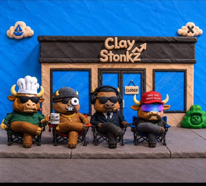 Four claymation bull figures sit in camping chairs outside a storefront labeled 'Clay StonkZ' with a 'CLOSED' sign; one wears a chef hat, another holds a 'Clay Stonkz' mug, and one wears a 'Make ARC Great Again' hat.