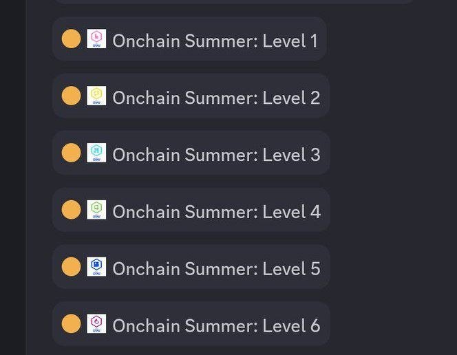 The image shows a list of "Onchain Summer" role tiers from Level 1 to Level 6, each with an orange dot and a verified badge, displayed on what appears to be the Guild.xyz platform. This relates to the post, which encourages Base participants to claim their corresponding onchain summer role badges by connecting their wallet, X, Discord, and Farcaster.