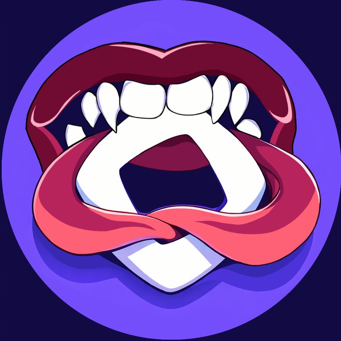 Stylized cartoon illustration of purple lips and a wide-open mouth revealing sharp vampire fangs and a white tooth, set against a circular purple background.