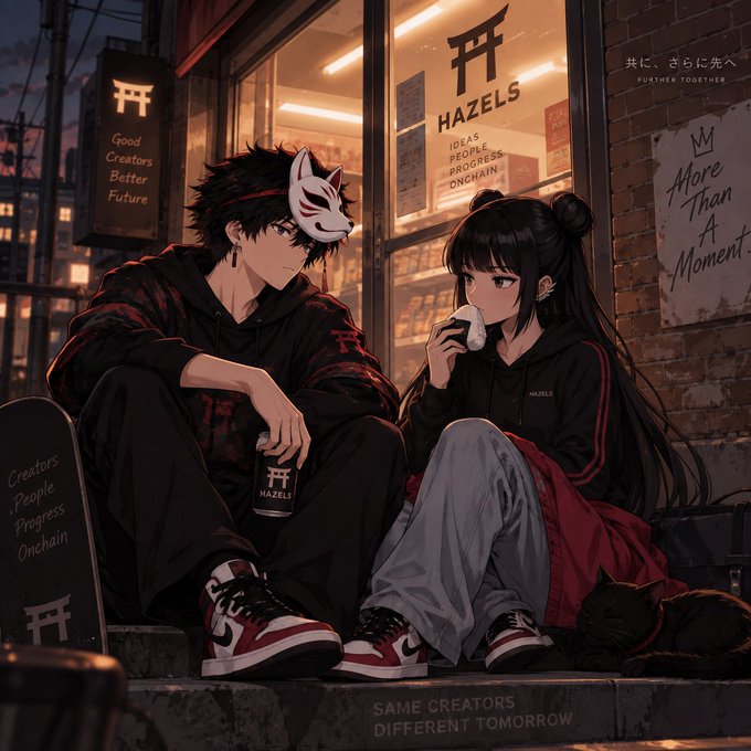 An anime-style illustration of two characters sitting outside a shop called 'HAZELS' at dusk, with text 'Good Creators Better Future' and 'SAME CREATORS DIFFERENT TOMORROW' visible, one wearing a fox mask.