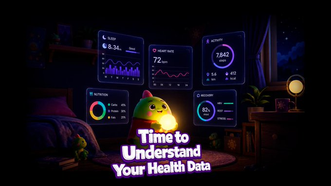A health tracking app graphic featuring a cartoon dinosaur character with floating widgets displaying Sleep (8h 34m, Good), Heart Rate (72 bpm), Activity (7,842 steps, 5.6 km, 412 kcal), Nutrition (Carbs 45%, Protein 30%, Fats 25%), and Recovery (82%), with text reading "Time to Understand Your Health Data".