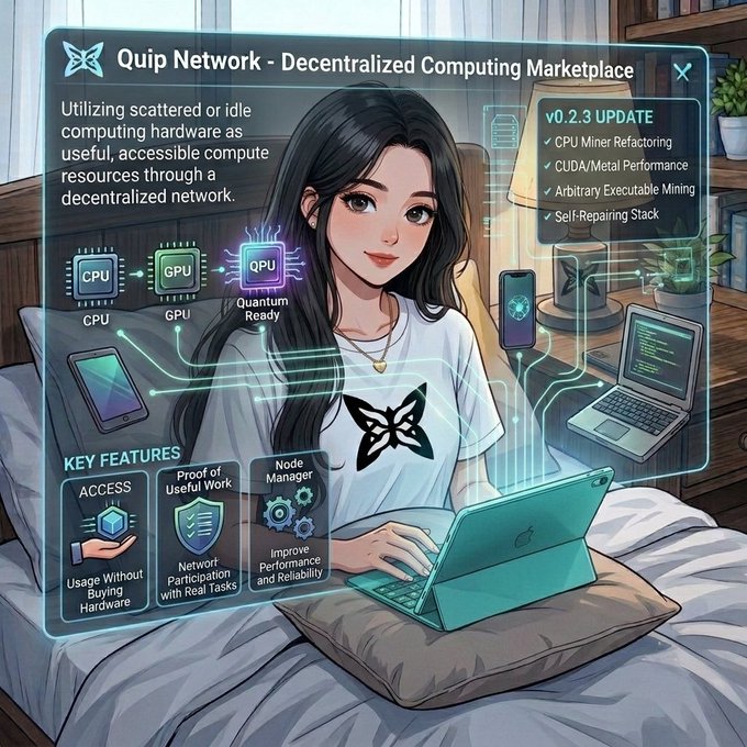 An anime-style promotional illustration for 'Quip Network' decentralized computing marketplace v0.2.3, featuring a woman with a laptop and highlighting features like CPU Miner Refactoring, CUDA/Metal Performance, and Quantum Ready nodes.