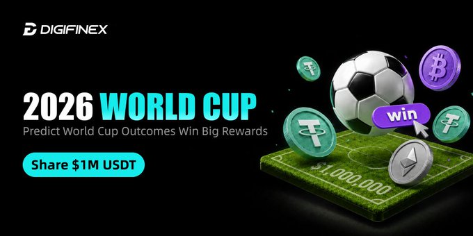 The image features a poster for a betting campaign related to the World Cup. It includes a soccer ball and various coins, including Bitcoins, which are used as betting chips. The text on the poster promotes the idea of predicting the outcome of the World Cup and winning big rewards by sharing predictions with DigiFinex.