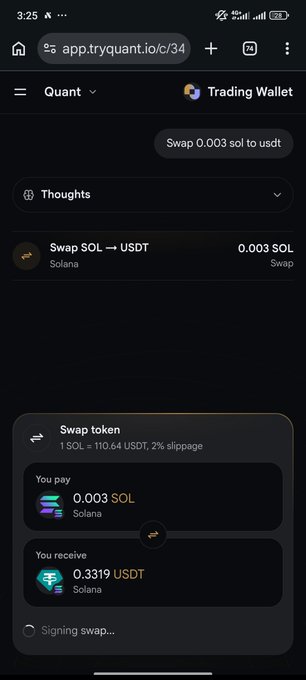 A mobile screenshot of tryquant.io showing a pending cryptocurrency swap of 0.003 SOL for 0.3319 USDT with a swap rate of 1 SOL = 110.64 USDT and 2% slippage.