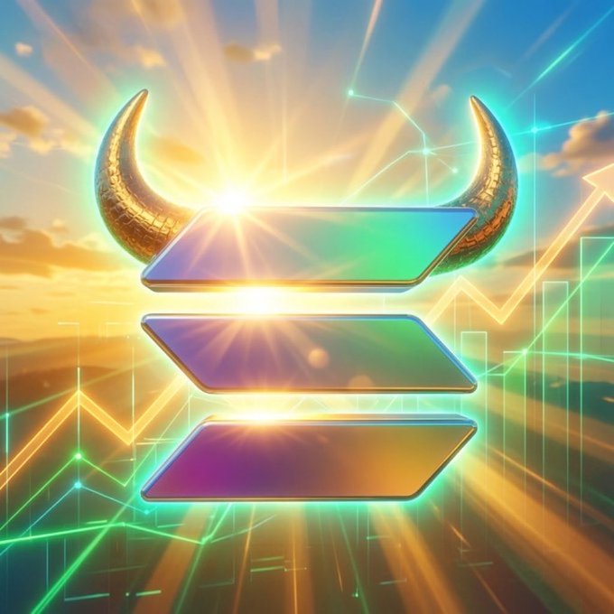 A vibrant digital artwork featuring golden bull horns above three stacked horizontal bars, with a glowing sunburst and rising green chart lines against a sunset sky.