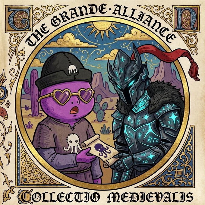A medieval-style illuminated artwork titled "THE GRANDE ALLIANCE / COLLECTIO MEDIEVALIS" depicts a small purple creature wearing heart-shaped sunglasses and an octopus-emblazoned hat holding a scroll, standing beside an imposing dark knight in glowing rune-inscribed armor with a red-plumed helmet, set against a desert landscape with cacti and a radiant sun.

The whimsical, sticker-like illustration visually represents the Shellies × @No1s_NFT collaboration announced in the post, using the grand "alliance" theme and medieval collectible aesthetic to symbolize the cross-project giveaway partnership between the two NFT communities.
