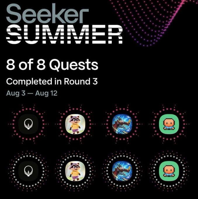 The image shows a completed Seeker Summer Round 3 quest with all 8 badges earned, displaying a total allocation of 4,912,403.44 SKR (including 818,733.90 Rubles in VAT). The text "Итого по заказ-наряду" (Total for the work order) appears at the top, indicating a Russian-language interface confirming the full quest completion that qualifies for the 29M $SKR allocation mentioned in the post.
